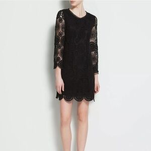 ZARA BLACK CROCHET LACE BELL SLEEVE SCALLOP TRIM BOHO DRESS, SZ MED